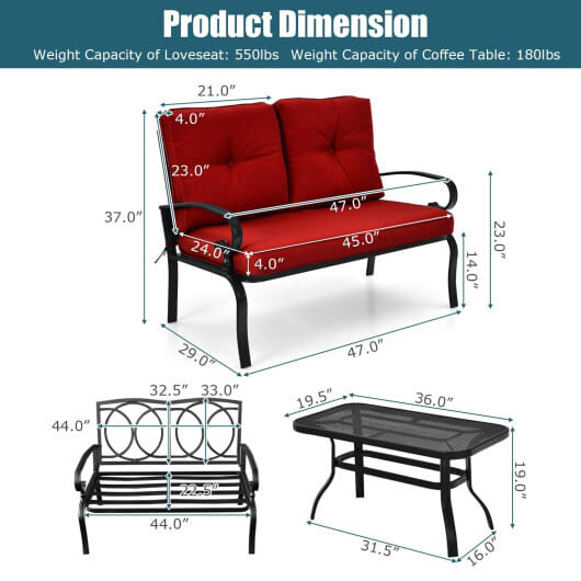 2 Pieces Patio Loveseat Bench Table Furniture Set with Cushioned Chair-Red - Color: Red