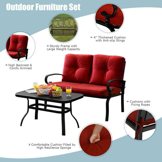 2 Pieces Patio Loveseat Bench Table Furniture Set with Cushioned Chair-Red - Color: Red