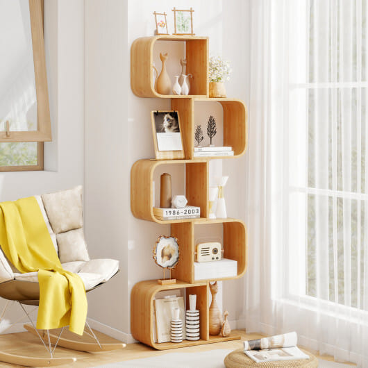 5-Tier S-Shaped Bookcase with 5 Open Cubes for Living Room-Natural - Color: Natural