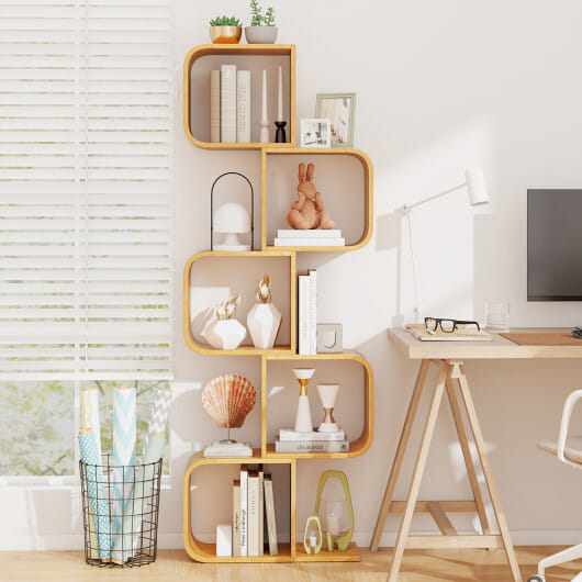 5-Tier S-Shaped Bookcase with 5 Open Cubes for Living Room-Natural - Color: Natural