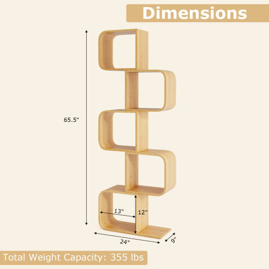 5-Tier S-Shaped Bookcase with 5 Open Cubes for Living Room-Natural - Color: Natural