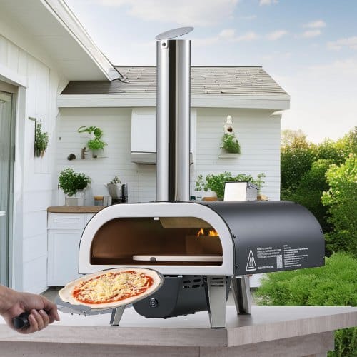 Outdoor Pizza Oven, 12 in Wood Fired Pizza Ovens, Pellet Pizza-Stove with Thermometer & Electric Rotation, Portable Pizza-Maker for Outside Backyard Patio Camping, Pizza-Stone, Carry Bag, Shovel
