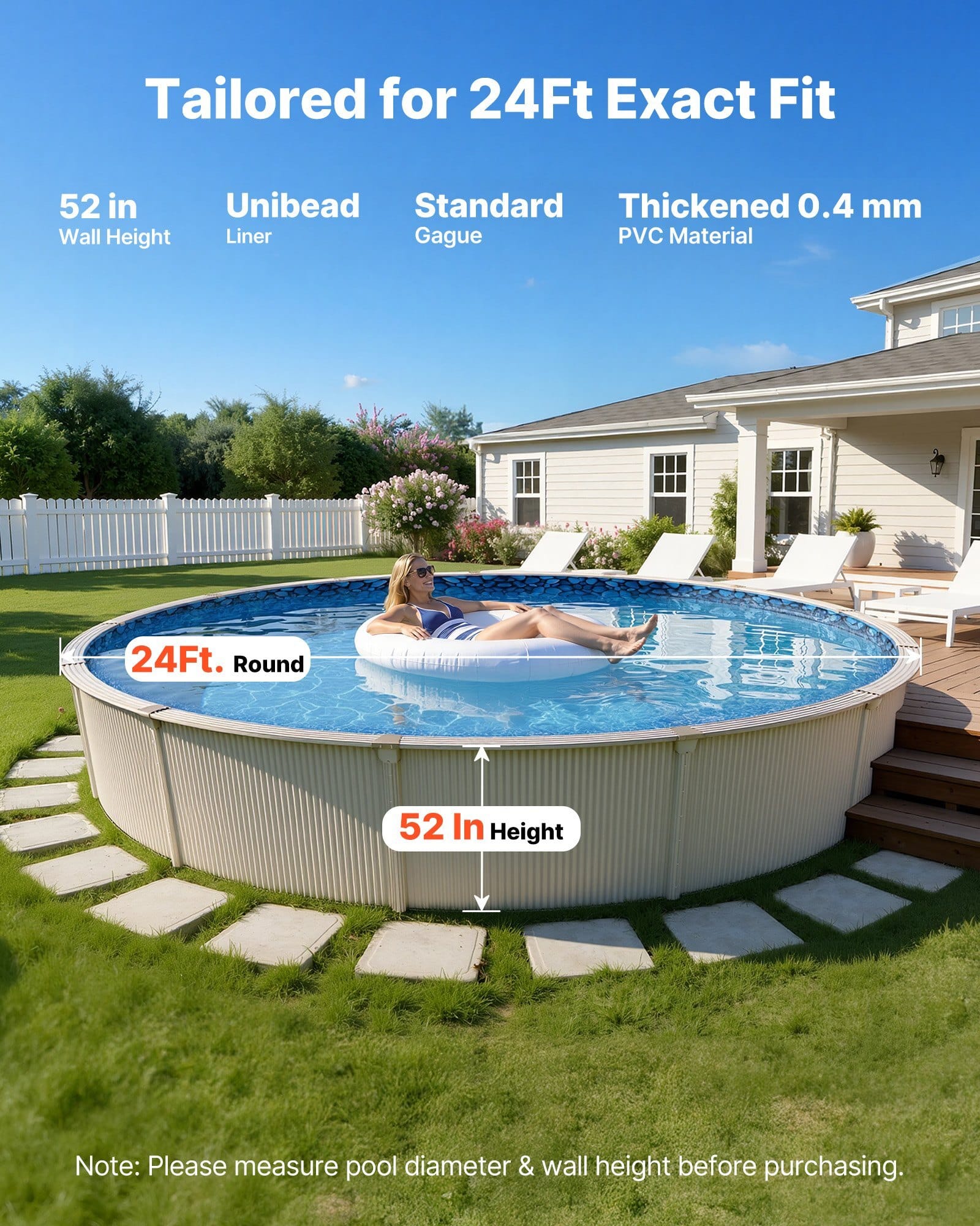 24ft Pool Liner, Round UniBead Swimming Pool Liner for 52 in Wall Height, Premium Vinyl, Easy Install with Leak-Proof Patches, Designed for Steel Sided Above-Ground,Outdoor, Boulder Swirl