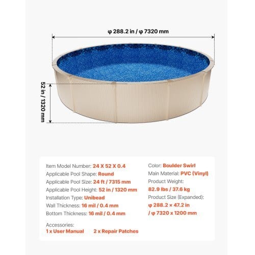 24ft Pool Liner, Round UniBead Swimming Pool Liner for 52 in Wall Height, Premium Vinyl, Easy Install with Leak-Proof Patches, Designed for Steel Sided Above-Ground,Outdoor, Boulder Swirl