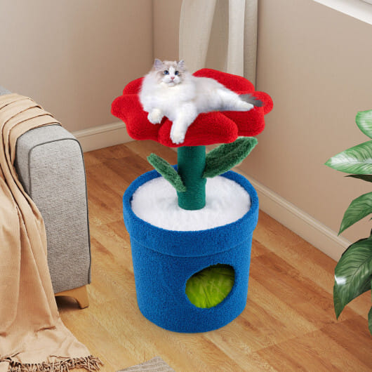 Cute Cat Tree with Flower Padded Perch for Indoor Cats-Red