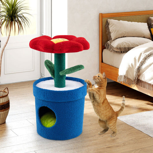 Cute Cat Tree with Flower Padded Perch for Indoor Cats-Red