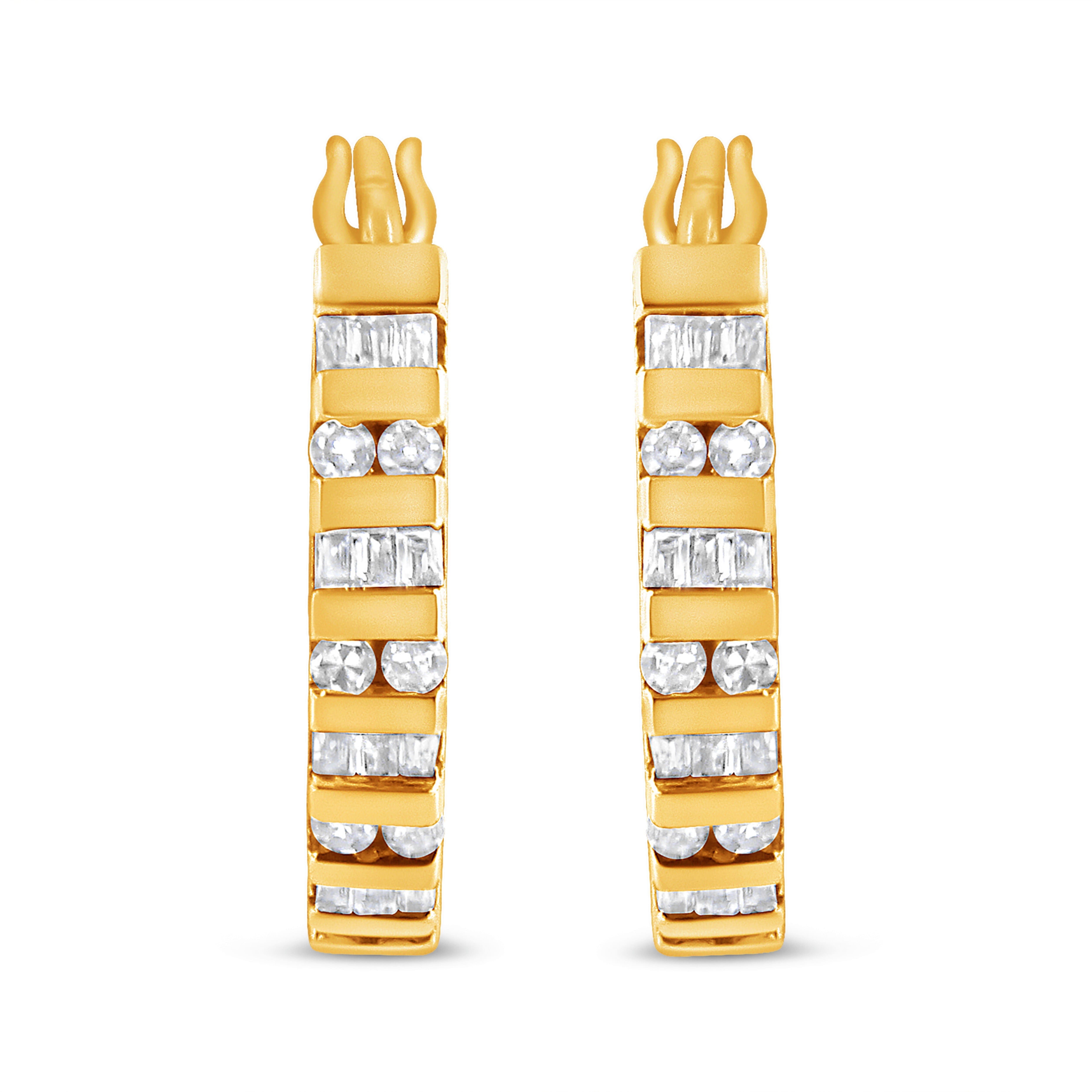 10K Yellow Gold 1.0 Cttw Round and Baguette-Cut Diamond Hoop Earrings (I-J Color, I2-I3 Clarity)