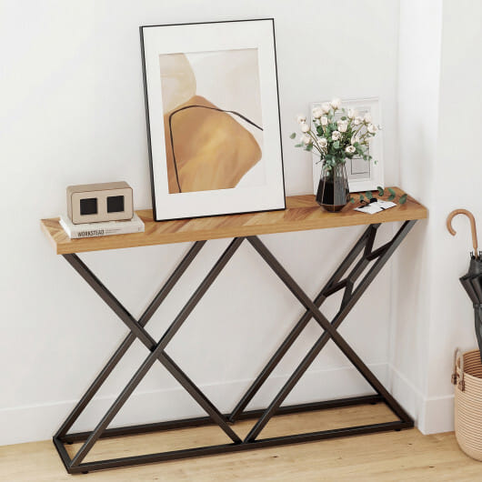 55 Inch Console Table with Solid Metal Frame and Storage-Wood - Color: Wood