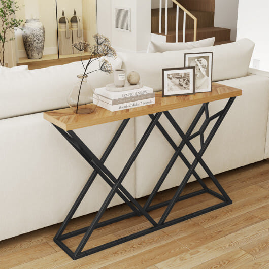 55 Inch Console Table with Solid Metal Frame and Storage-Wood - Color: Wood