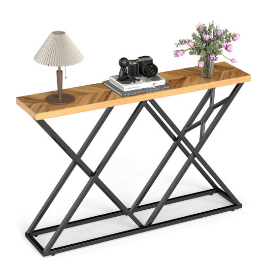 55 Inch Console Table with Solid Metal Frame and Storage-Wood - Color: Wood
