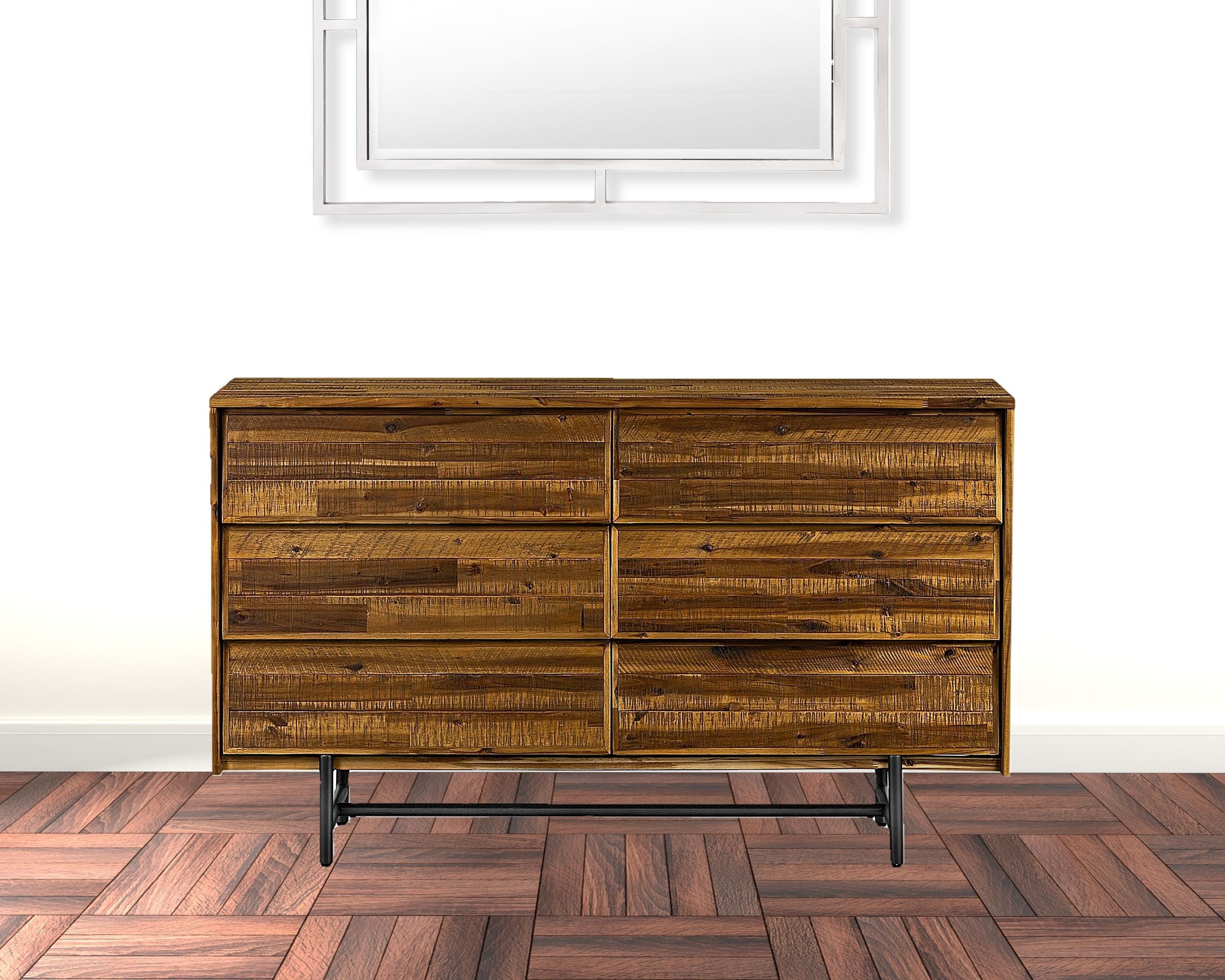 57" Brown and Black Solid Wood Six Drawer Double Dresser
