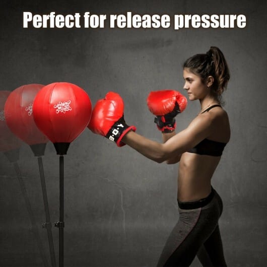 Adjustable Height Punching Bag with Stand Plus Boxing Gloves for Both Adults and Kids - Color: Black & Red