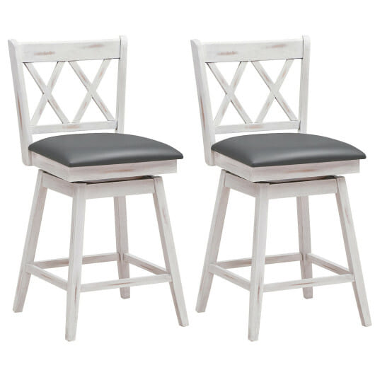 Costway 2 Pieces 24 Inch Swivel Counter Height Barstool Set with Rubber Wood Legs-White - Color: White - Size: 24 inches