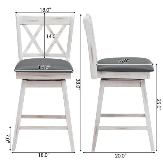 Costway 2 Pieces 24 Inch Swivel Counter Height Barstool Set with Rubber Wood Legs-White - Color: White - Size: 24 inches