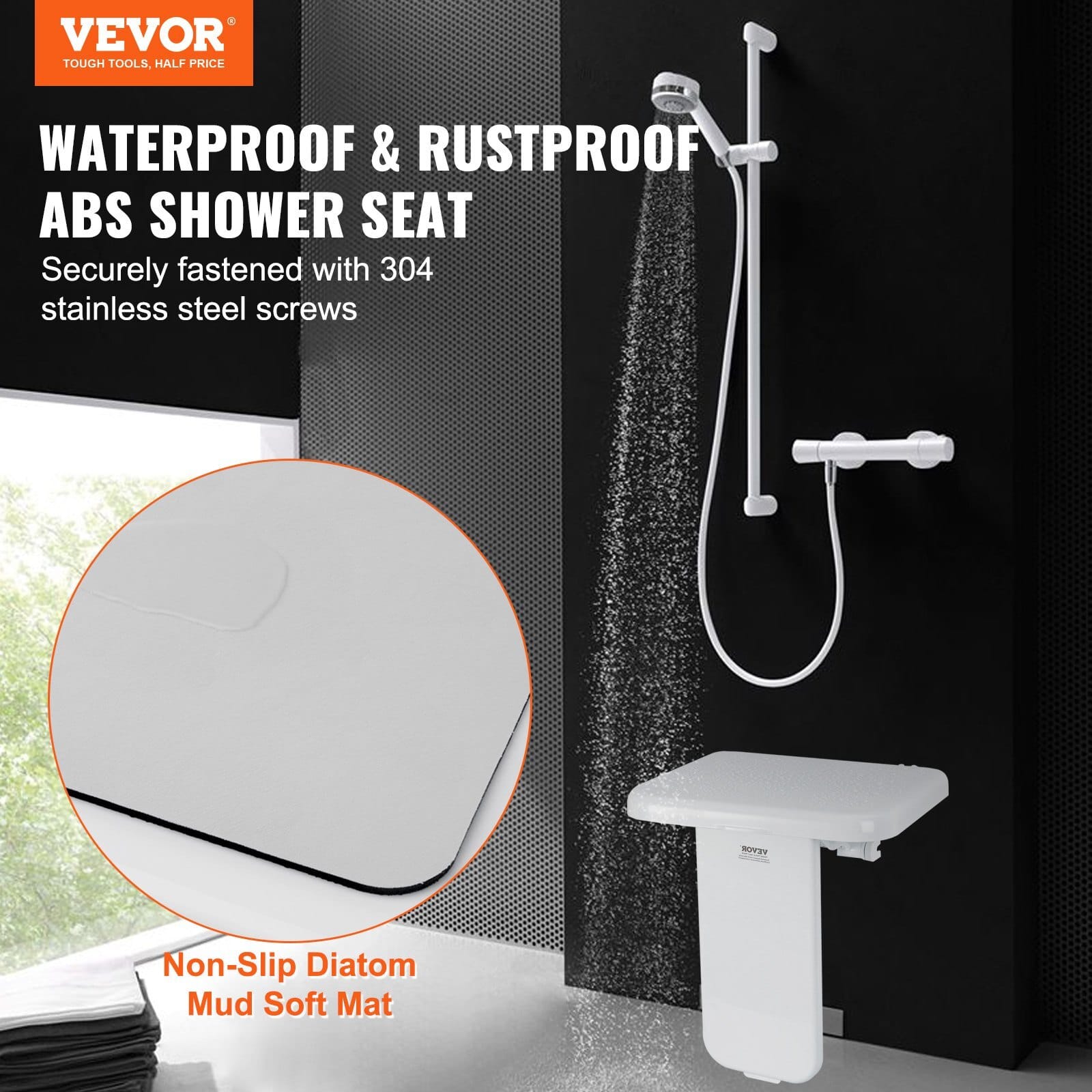 Folding ABS Shower Seat, 15.7'' x 16.7'' Unfolded, Wall Mounted Fold Up Shower Bench with 440 lbs Load Capacity, Space Saving Fold Down Shower Chair for Seniors Pregnant Women Children Adults