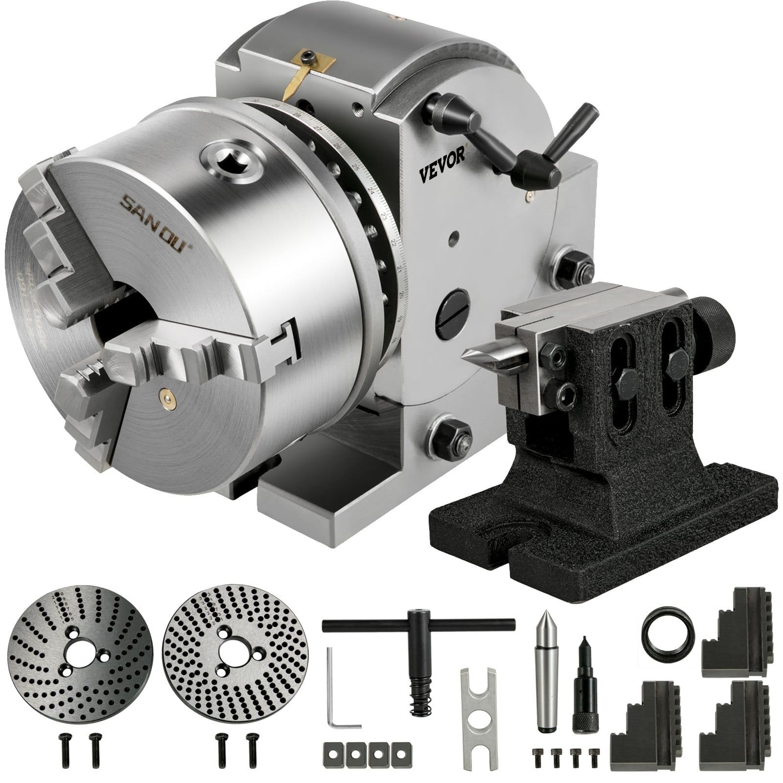 Dividing Head BS-1 Dividing Head Set 6\ 3-jaw Chuck Semi Universal Milling Set with 6\ Chuck+Tailstock+Dividing Plates for Milling Grinding Drilling Machine