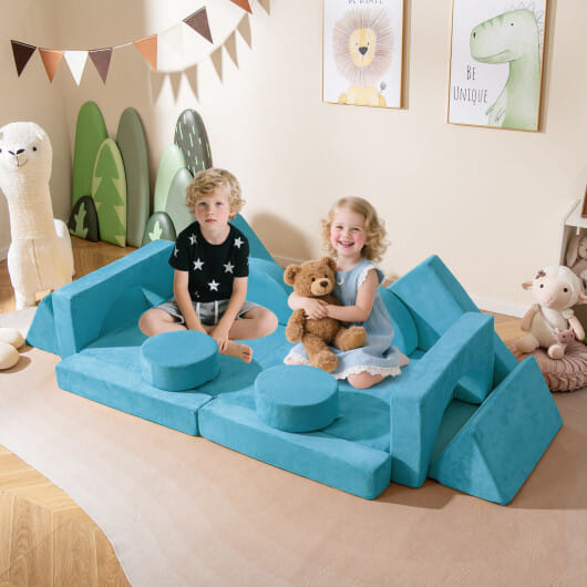 14 PCS Modular Kids Play Couch for Playroom and Bedroom-Blue - Color: Blue