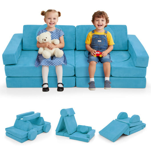 14 PCS Modular Kids Play Couch for Playroom and Bedroom-Blue - Color: Blue