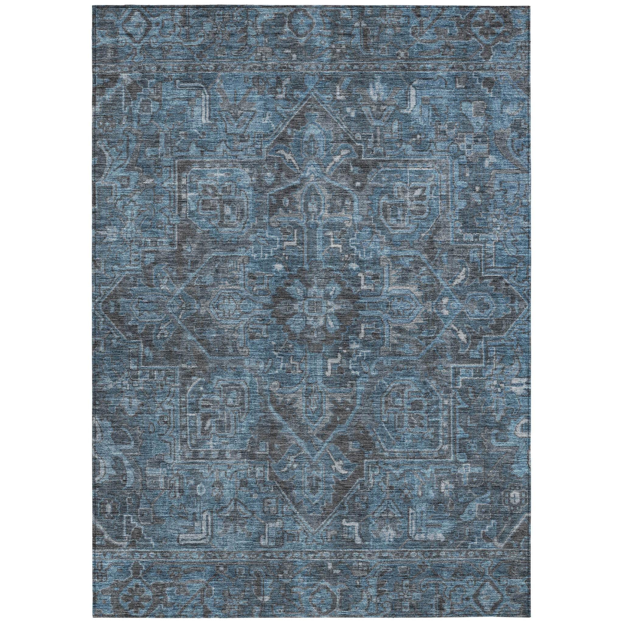 5' X 8' Navy and Black Oriental Washable Non Skid Indoor Outdoor Area Rug