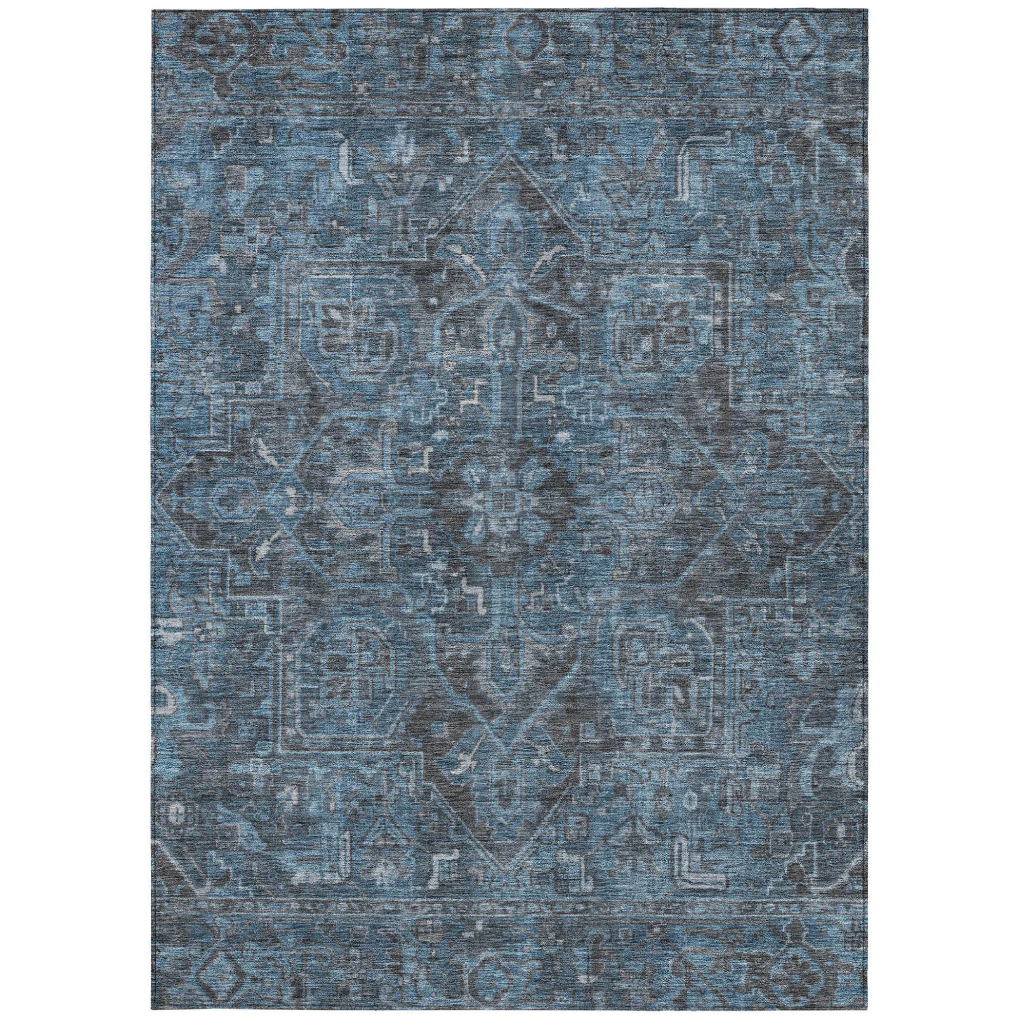 5' X 8' Navy and Black Oriental Washable Non Skid Indoor Outdoor Area Rug