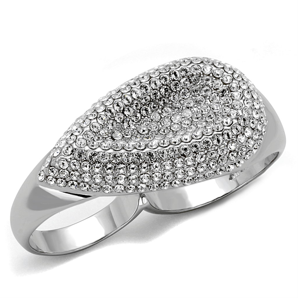 LO3913 - Rhodium Brass Ring with Top Grade Crystal in Clear