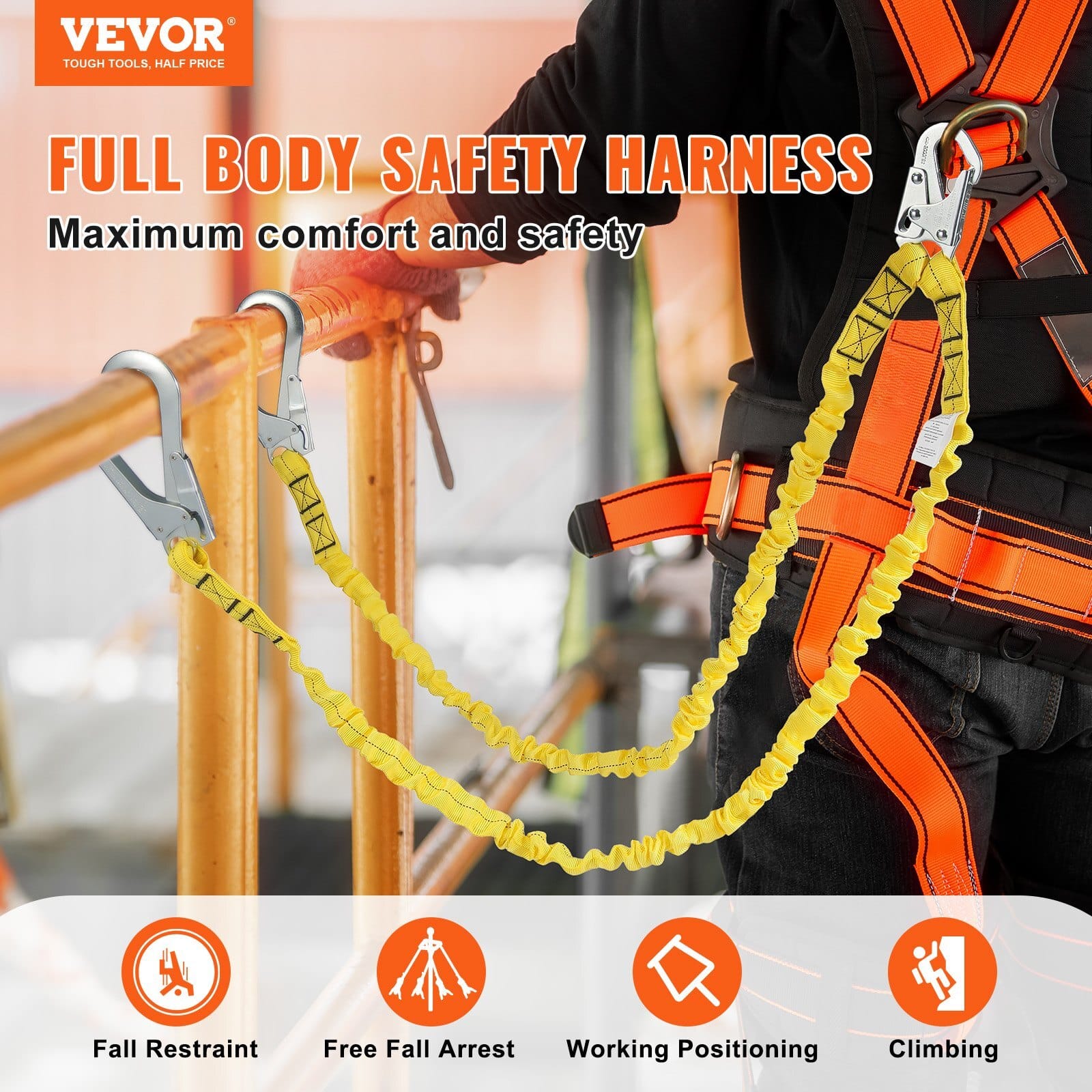 38mm Safety Lanyard, 6ft(1.83m) Fall Protection Lanyard with 2 Alloy Steel Snap Hooks, Retractable Safety Belt for Outdoor/Indoor Tree Climbing, 38KN Breaking Tension Lanyard, Yellow
