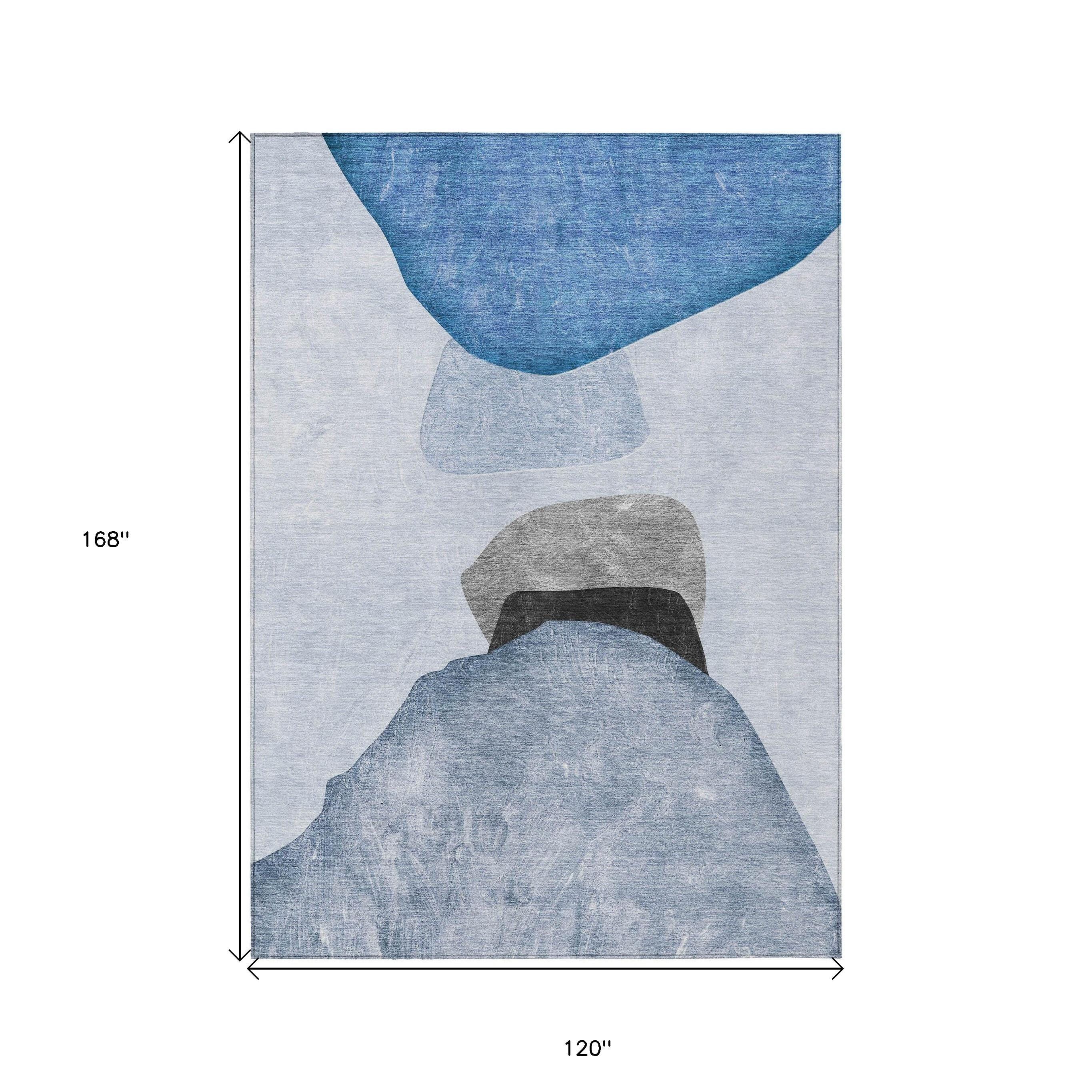 10' X 14' Blue Gray and Black Abstract Washable Non Skid Indoor Outdoor Area Rug