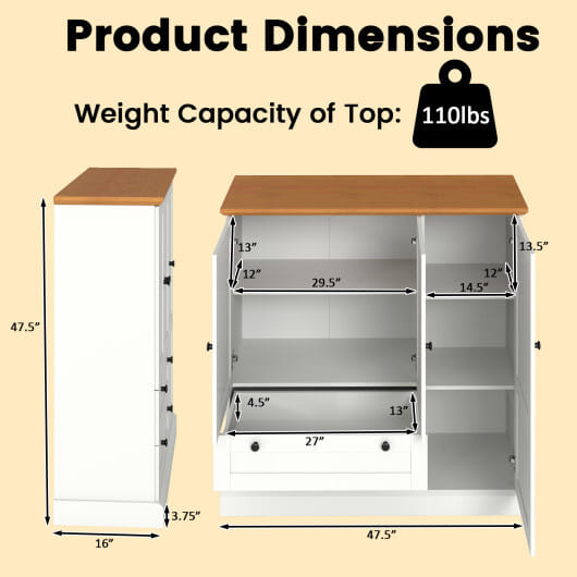 47.5 Inch Kitchen Freestanding Storage Cabinet with 3 Doors and 2 Large Drawers-White - Color: White