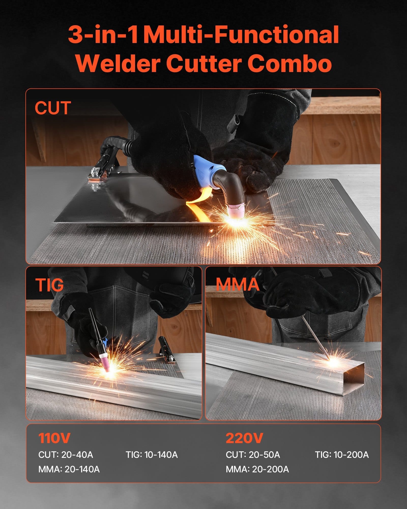3-in-1 Plasma Cutter Welder Combo - CUT/TIG/MMA, 50A Non-Contact Cutting Machine & 200A TIG Stick Welder, Digital 110/220V Dual Voltage with 2T/4T/PA/PT Function for Home Repairs Workshops