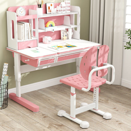 Height-adjustable Kid's Study Chair with Double Back Support and Breathable Seat for 3+ Years Old-Pink - Color: Pink