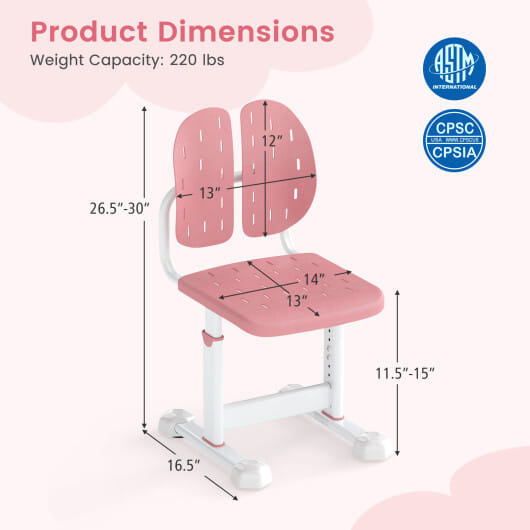 Height-adjustable Kid's Study Chair with Double Back Support and Breathable Seat for 3+ Years Old-Pink - Color: Pink