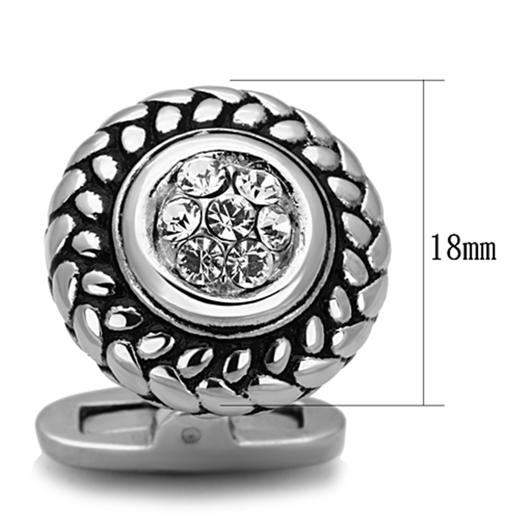 TK1261 - High polished (no plating) Stainless Steel Cufflink with Top Grade Crystal in Clear