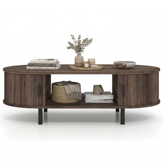 Oval Coffee Table 47.5inch Wooden Center Table with Storage-Walnut - Color: Walnut