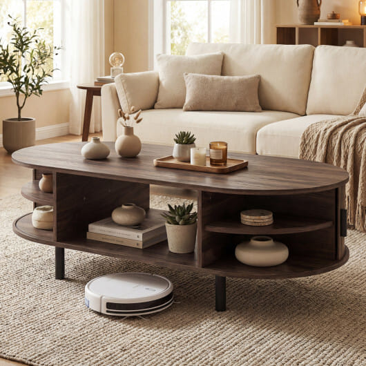Oval Coffee Table 47.5inch Wooden Center Table with Storage-Walnut - Color: Walnut