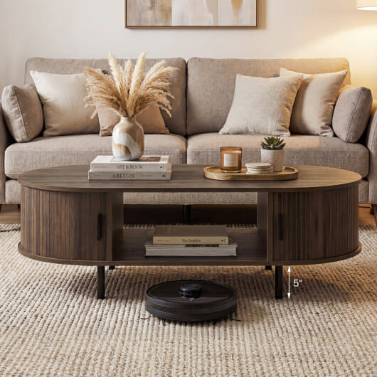 Oval Coffee Table 47.5inch Wooden Center Table with Storage-Walnut - Color: Walnut