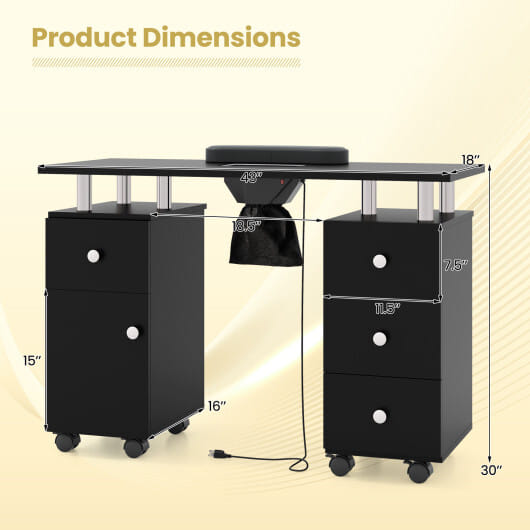 Manicure Table Nail Desk with Electric Dust Collector and 3 Dust Bags-Black