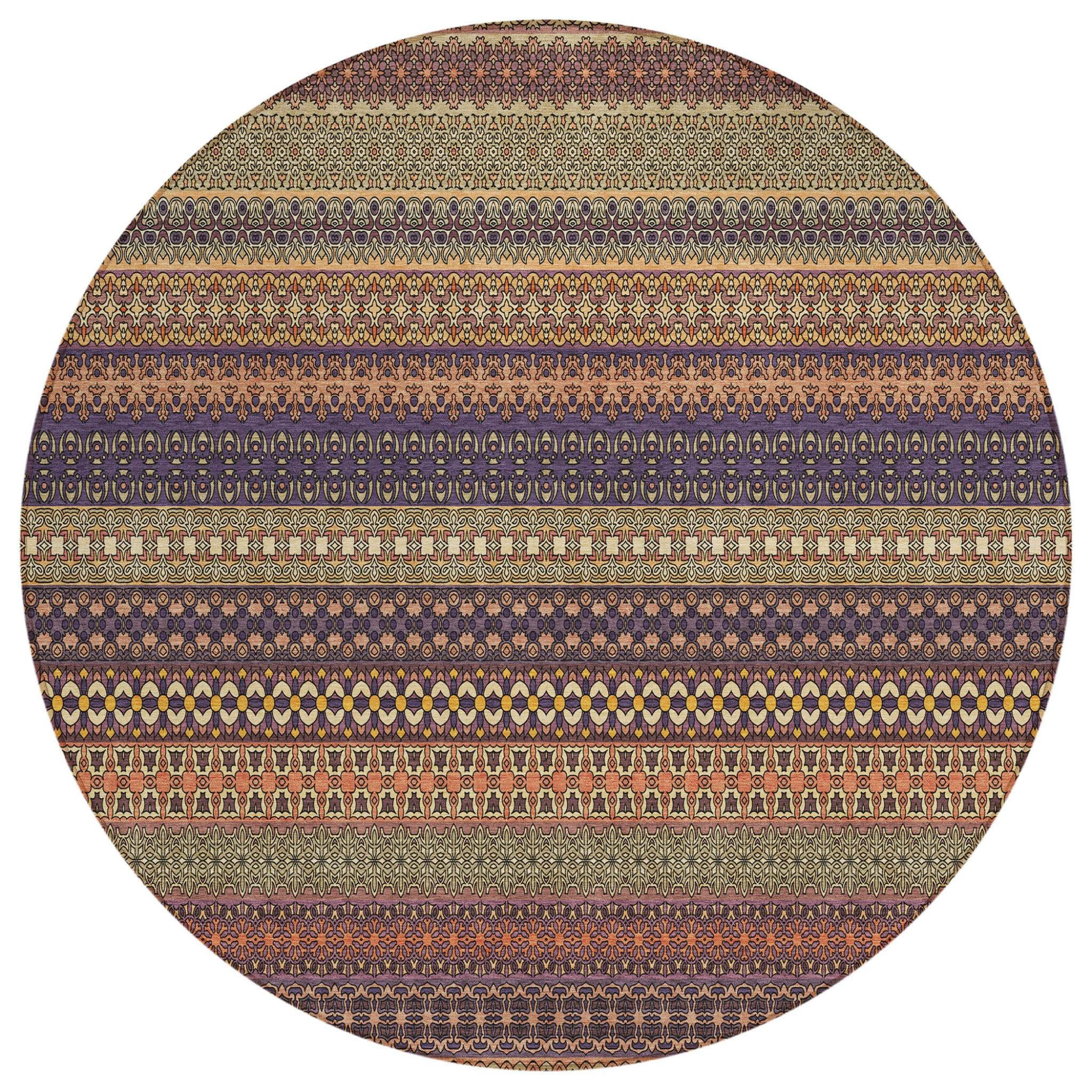 8' Round Orange Round Striped Washable Non Skid Indoor Outdoor Area Rug