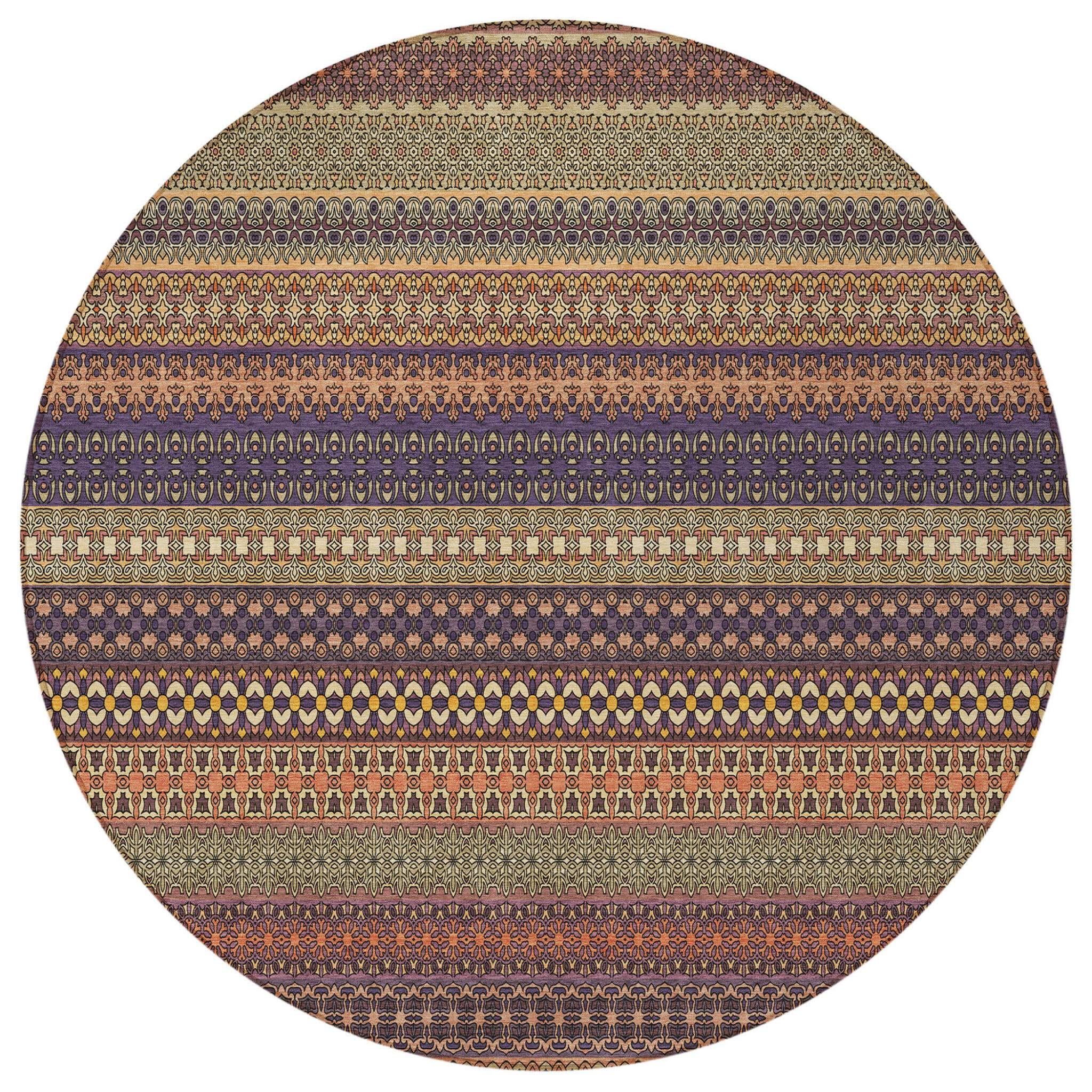 8' Round Orange Round Striped Washable Non Skid Indoor Outdoor Area Rug