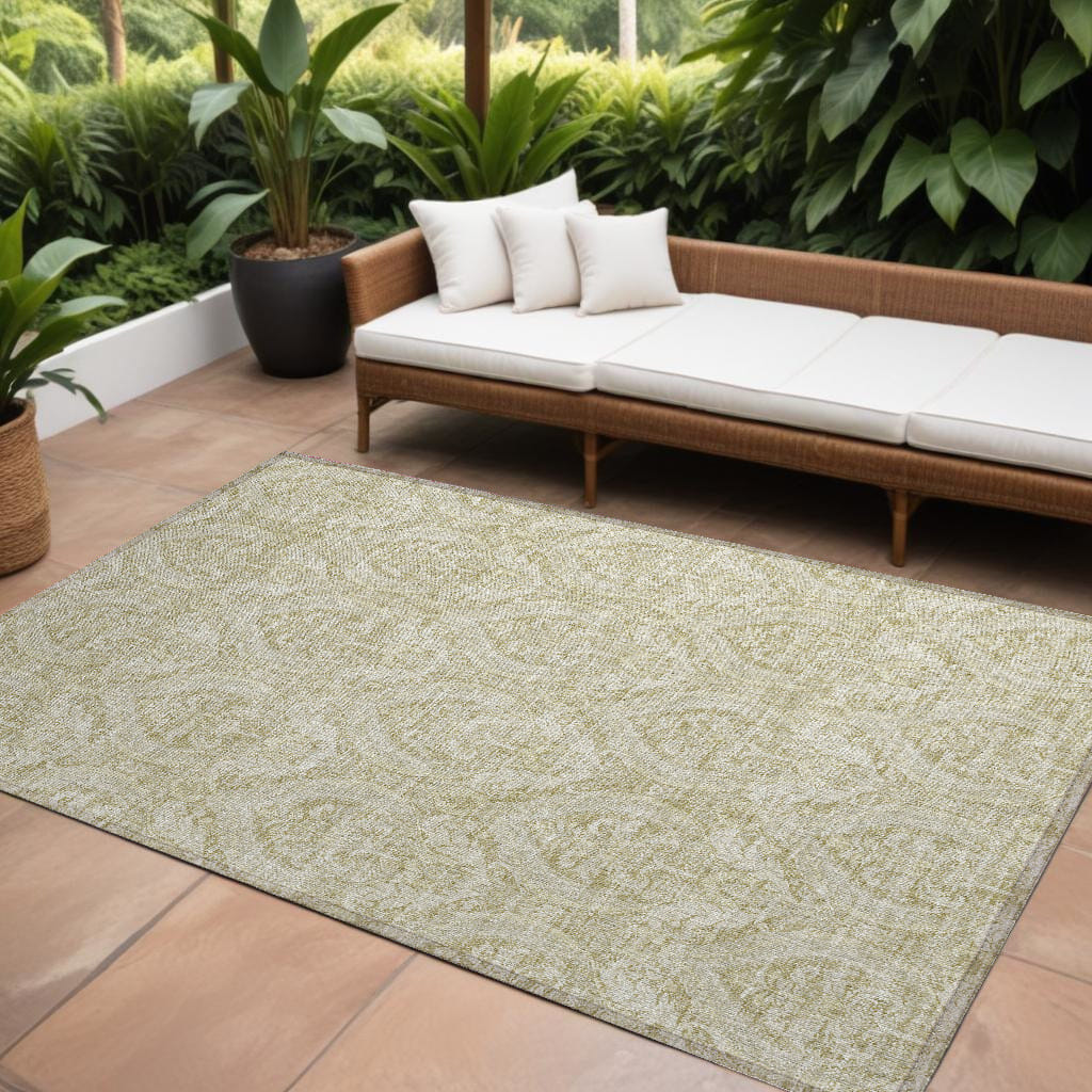 10' X 14' Light Green Damask Washable Non Skid Indoor Outdoor Area Rug