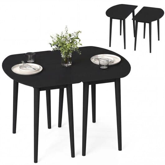Extendable Oval Dining Table Set with 2 Half-Round Tables for 4-6 People-Black - Color: Black