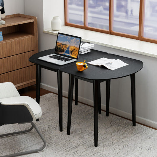 Extendable Oval Dining Table Set with 2 Half-Round Tables for 4-6 People-Black - Color: Black