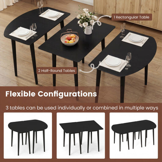 Extendable Oval Dining Table Set with 2 Half-Round Tables for 4-6 People-Black - Color: Black