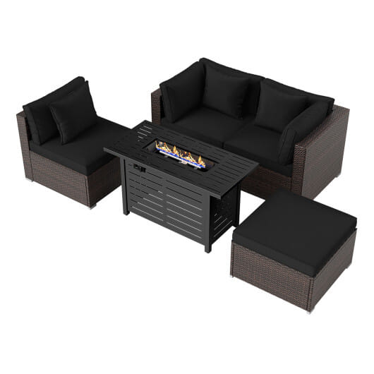 Heavy-duty Frame Rattan Sofa Set with 60000 BTU Firepit Table-Black - Color: Black
