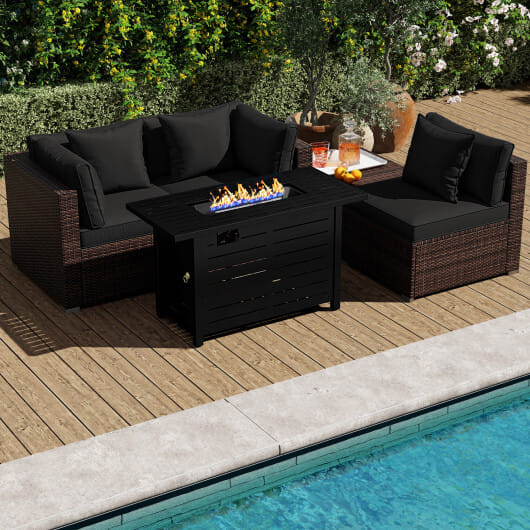 Heavy-duty Frame Rattan Sofa Set with 60000 BTU Firepit Table-Black - Color: Black
