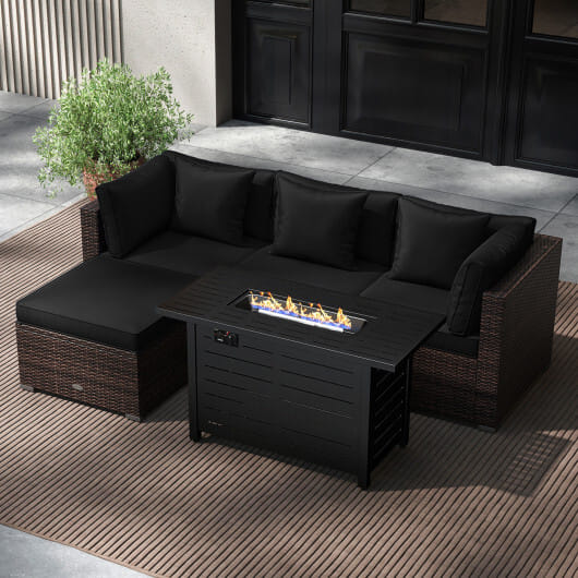 Heavy-duty Frame Rattan Sofa Set with 60000 BTU Firepit Table-Black - Color: Black