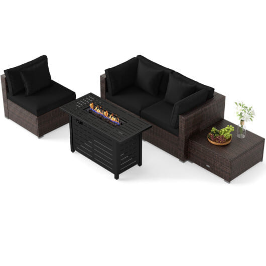Heavy-duty Frame Rattan Sofa Set with 60000 BTU Firepit Table-Black - Color: Black