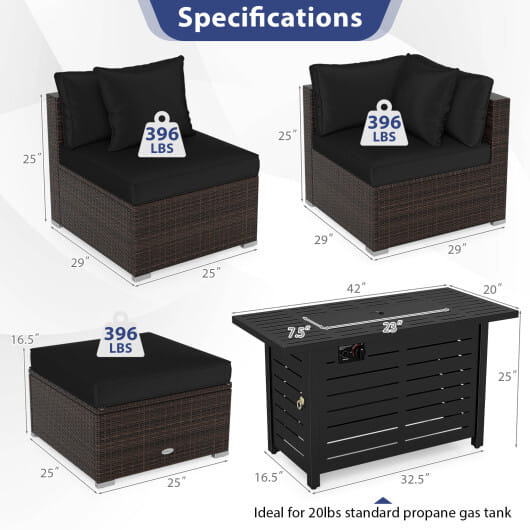 Heavy-duty Frame Rattan Sofa Set with 60000 BTU Firepit Table-Black - Color: Black