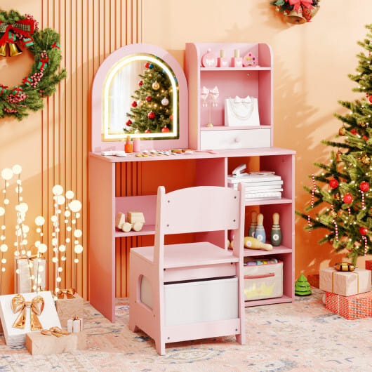 Kids Vanity Set Princess Girls Makeup Vanity Desk with Chair and 3-Color LED Lighted Mirror-Pink