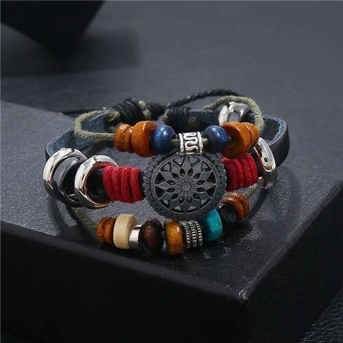 Lotus Hollow Flower Pendant Leather Fashion Women Bracelet - Black