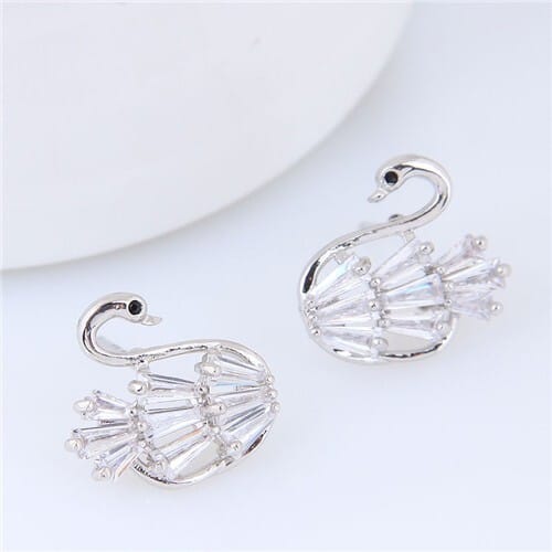 Cubic Zirconia Korean Fashion Swan Design Women Statement Earrings - White